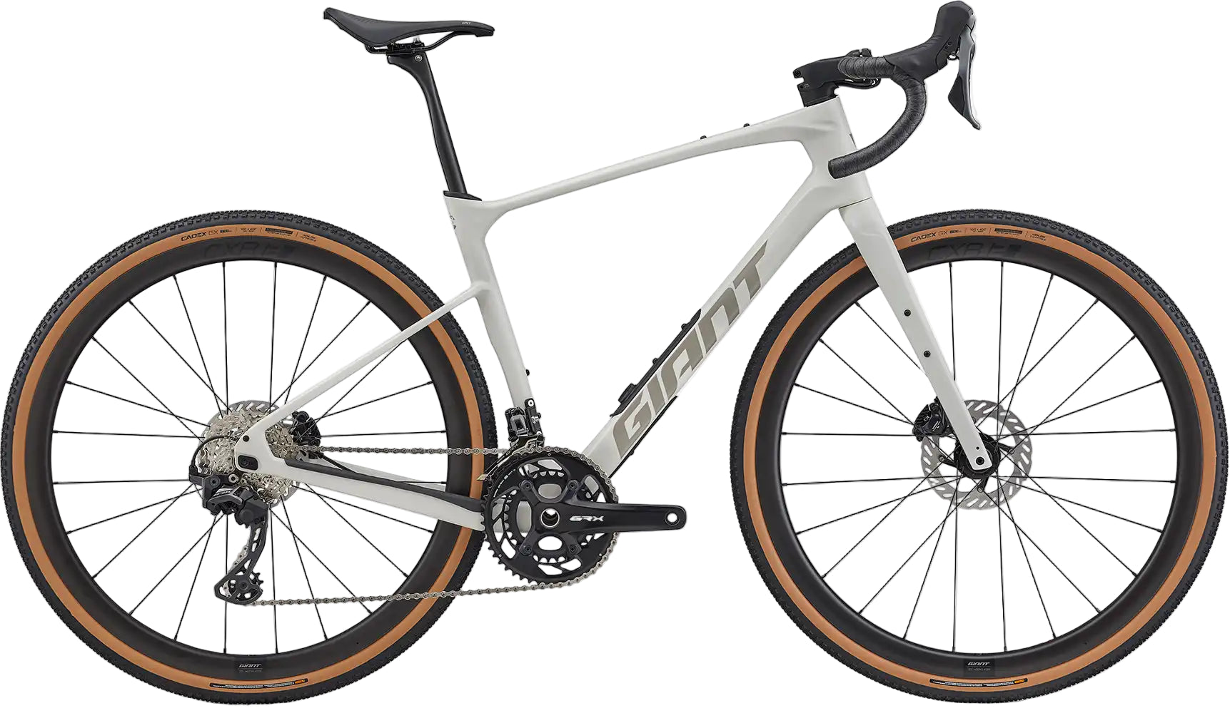 Giant Revolt Advanced 0 gravel bike in Snow Drift color, featuring lightweight frame and wide tires for off-road riding.