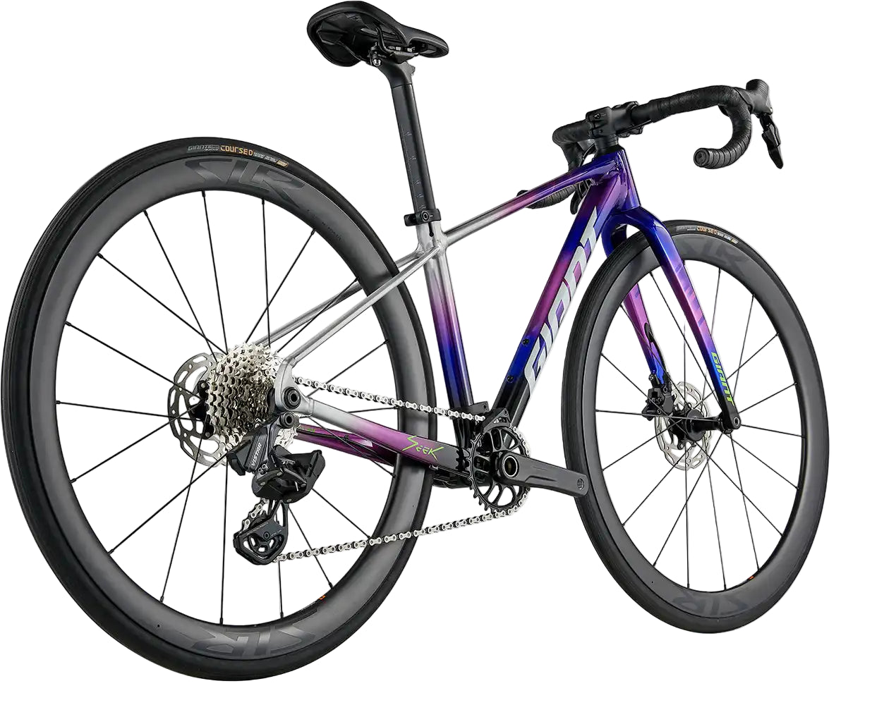 Rear view of a purple Giant Seek 1 kids' bike with sturdy frame and colorful design, suitable for young riders.