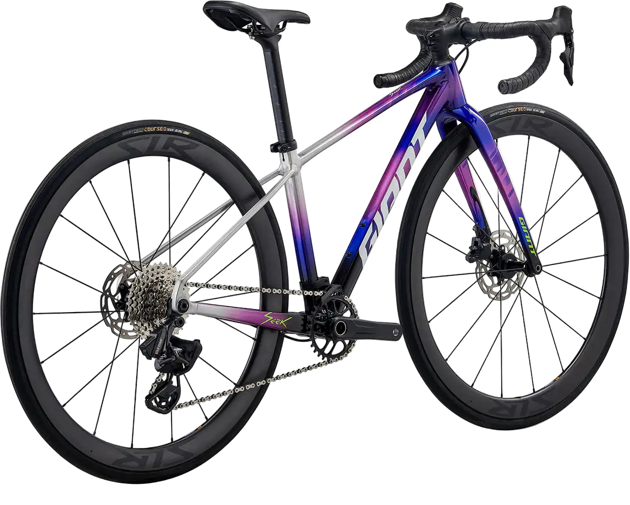 Rear view of a purple Giant Seek 1 kids' bike, featuring sturdy frame and colorful design, ideal for young riders.