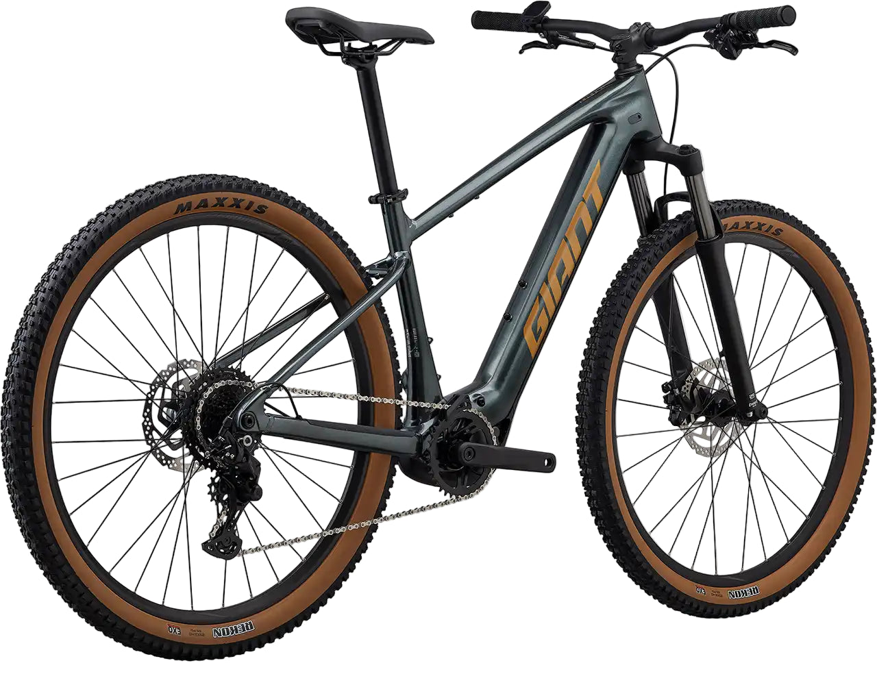 Giant Talon E+ 2026 electric bike with green frame, rear view showing rugged tires and mountain bike features.