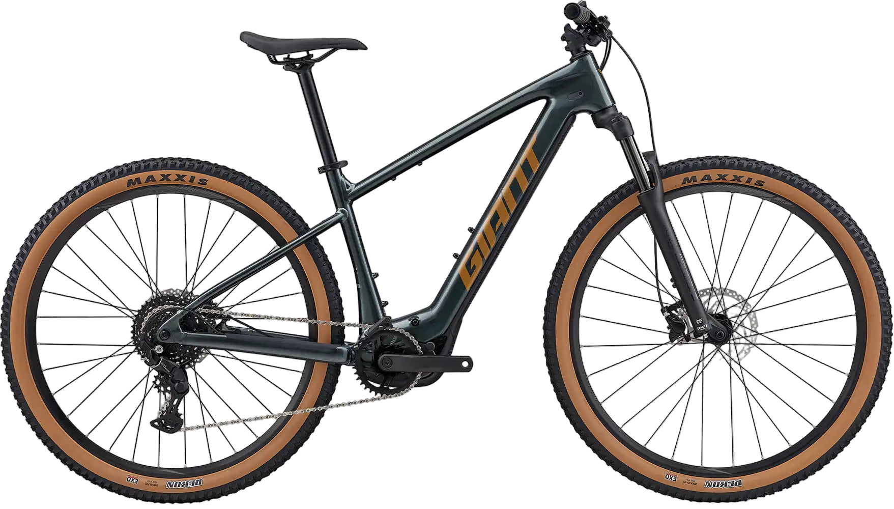 Giant Talon E+ electric bike in asphalt green, showcasing its sleek frame and mountain bike design for off-road riding.