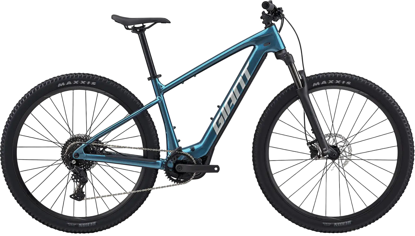Giant 2026 Talon E+ electric mountain bike with black and blue frame, front suspension, and knobby tires for off-road riding.