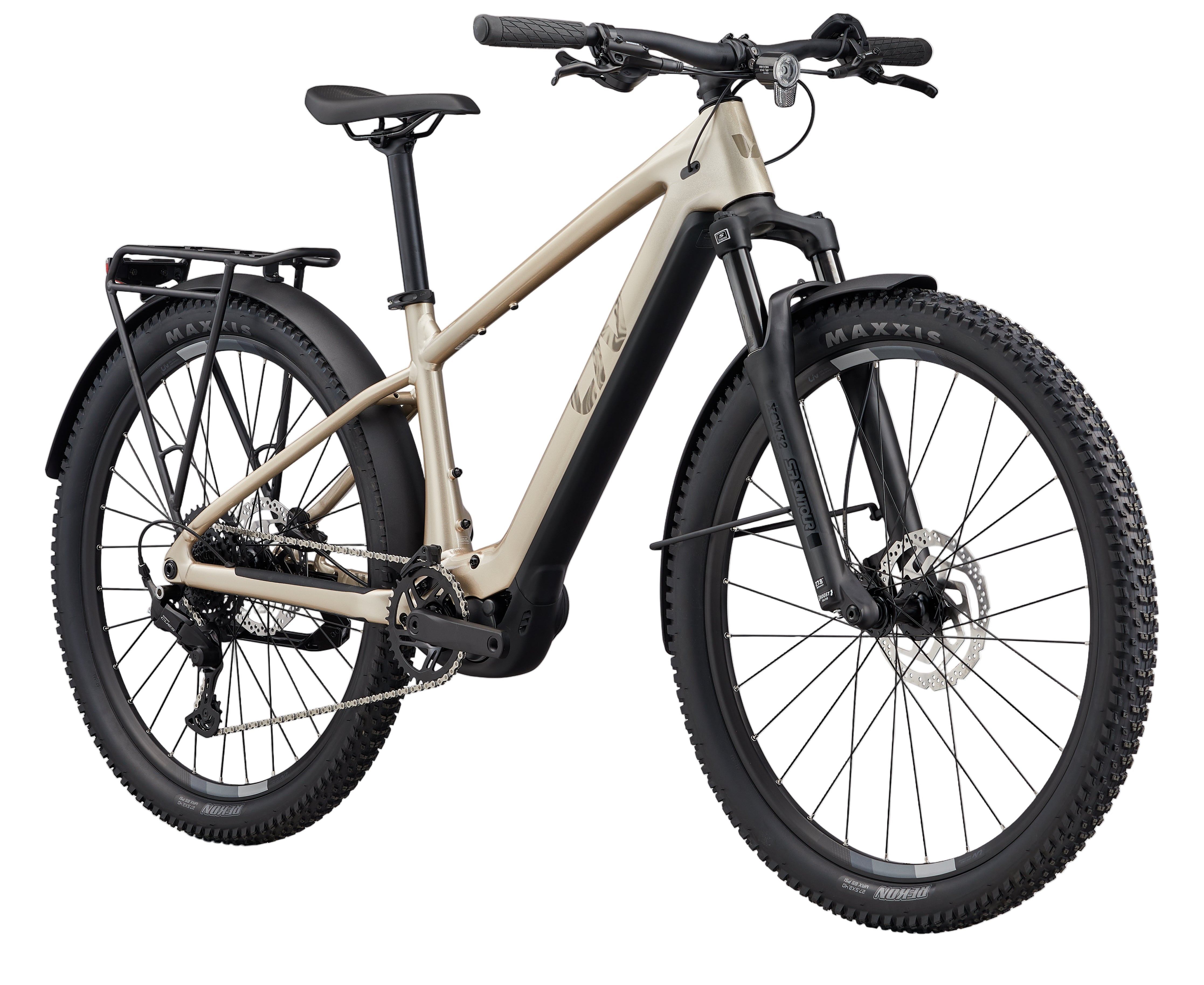 Liv Tempt E+ EX e-bike in sandshell color, front view showing lightweight frame, suspension, and electric motor.
