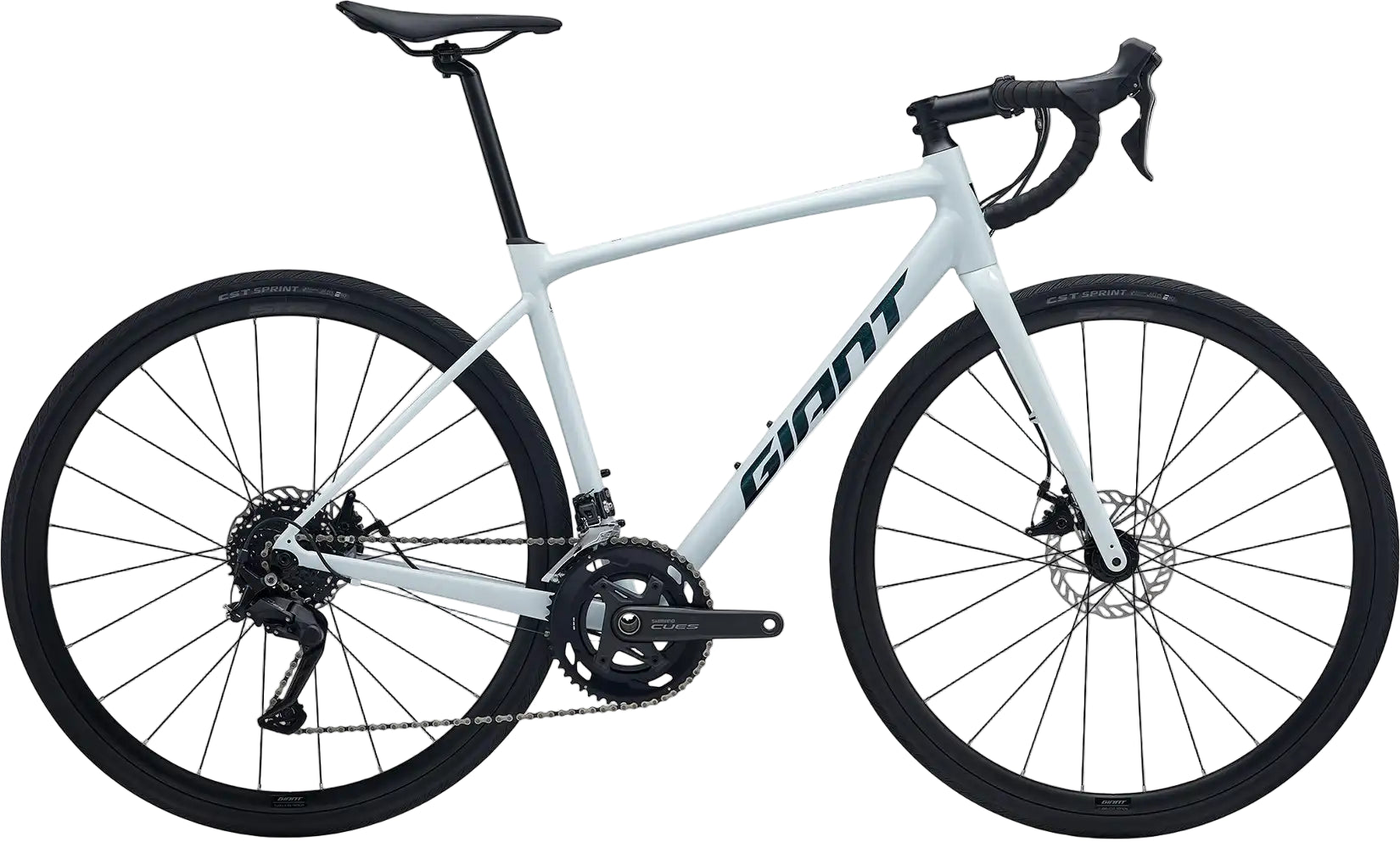 Giant 2026 Contend AR 3 road bike in Icicle White with aerodynamic frame and road tires, ready for performance riding.
