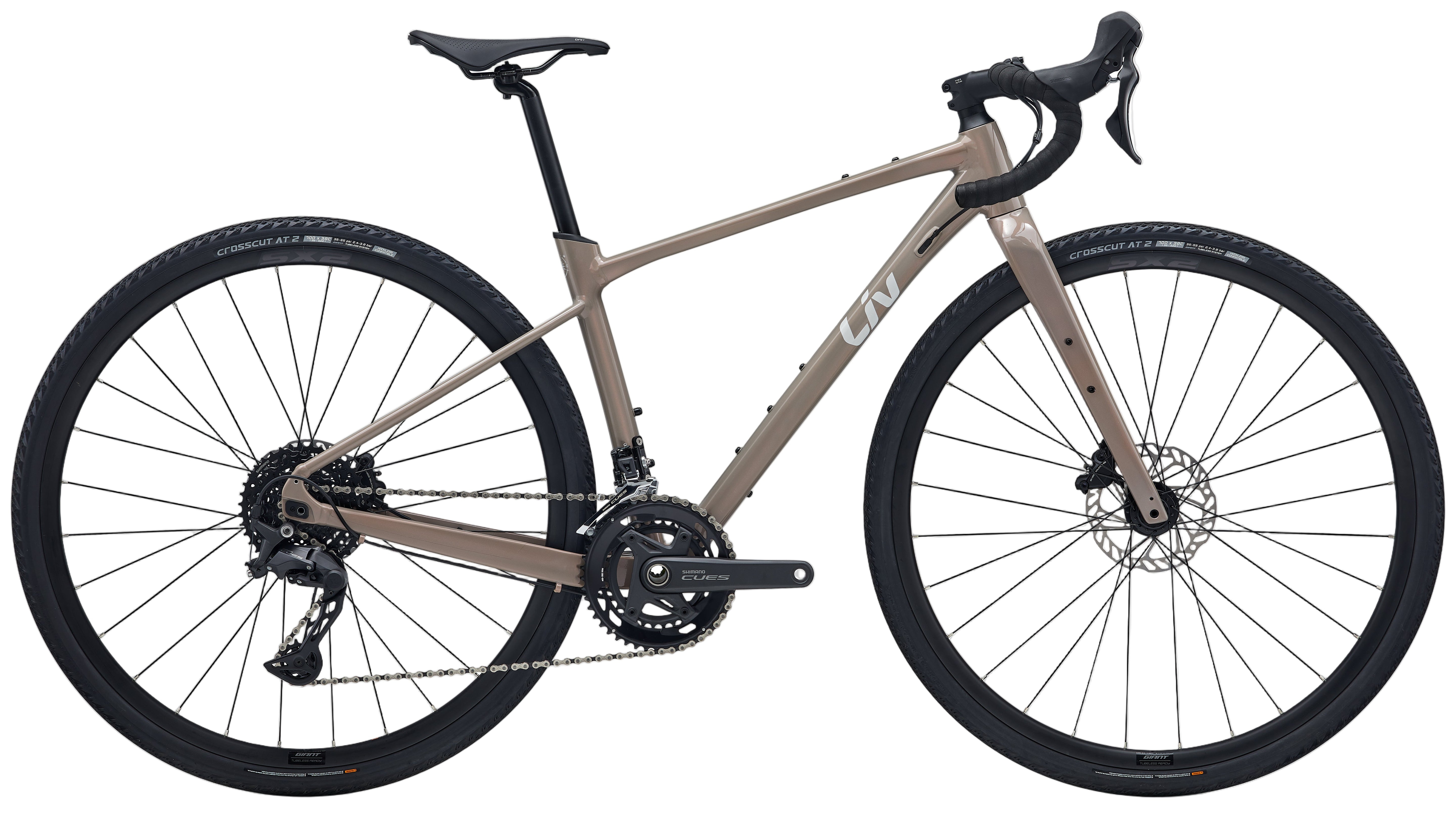 Liv Devote 1 gravel bike in Dune Beige with sleek frame and off-road tires, designed for versatile gravel riding.