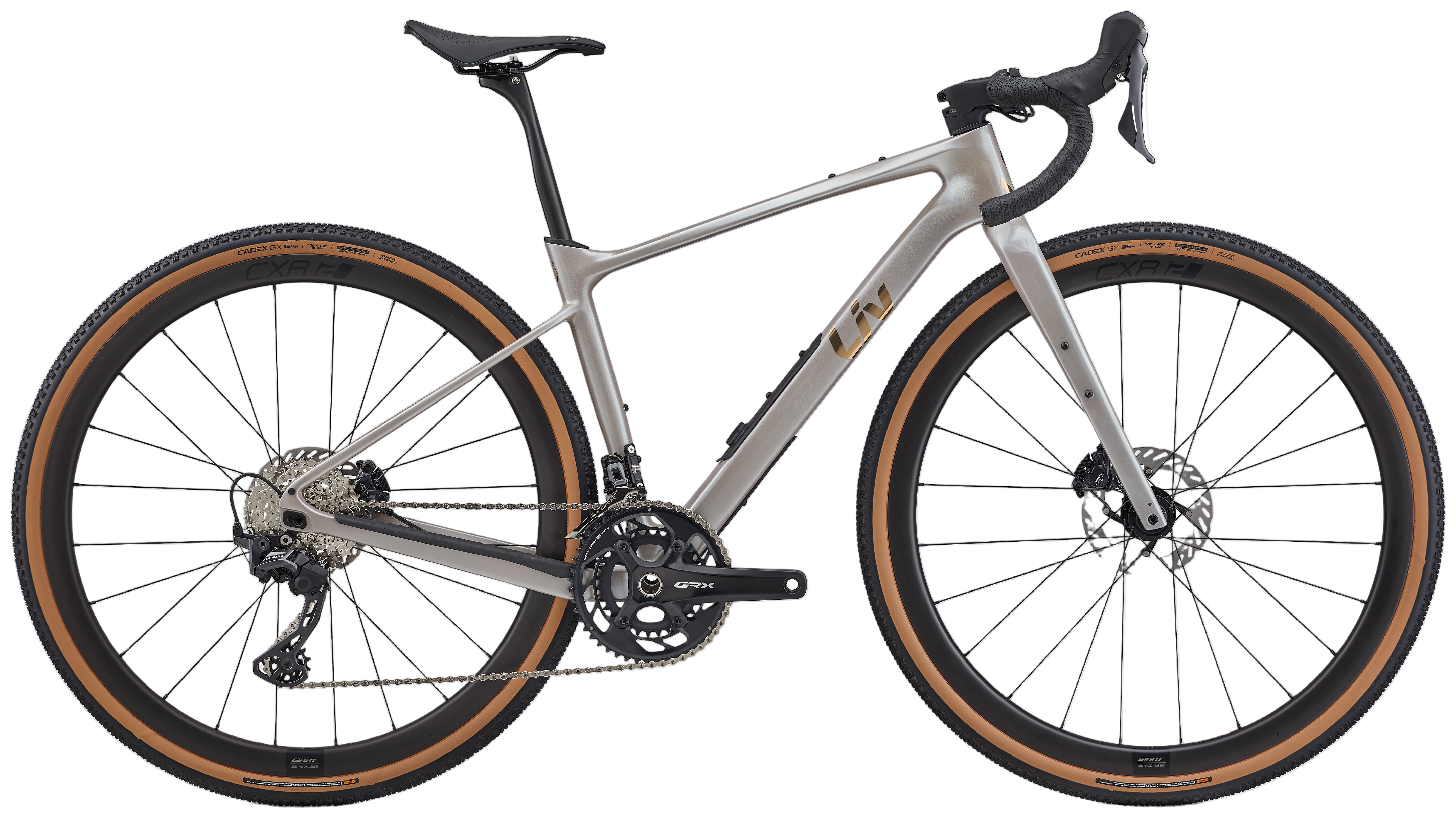 Liv Devote Advanced 0 gravel bike in camel silk color, featuring lightweight frame and off-road tires for gravel riding.