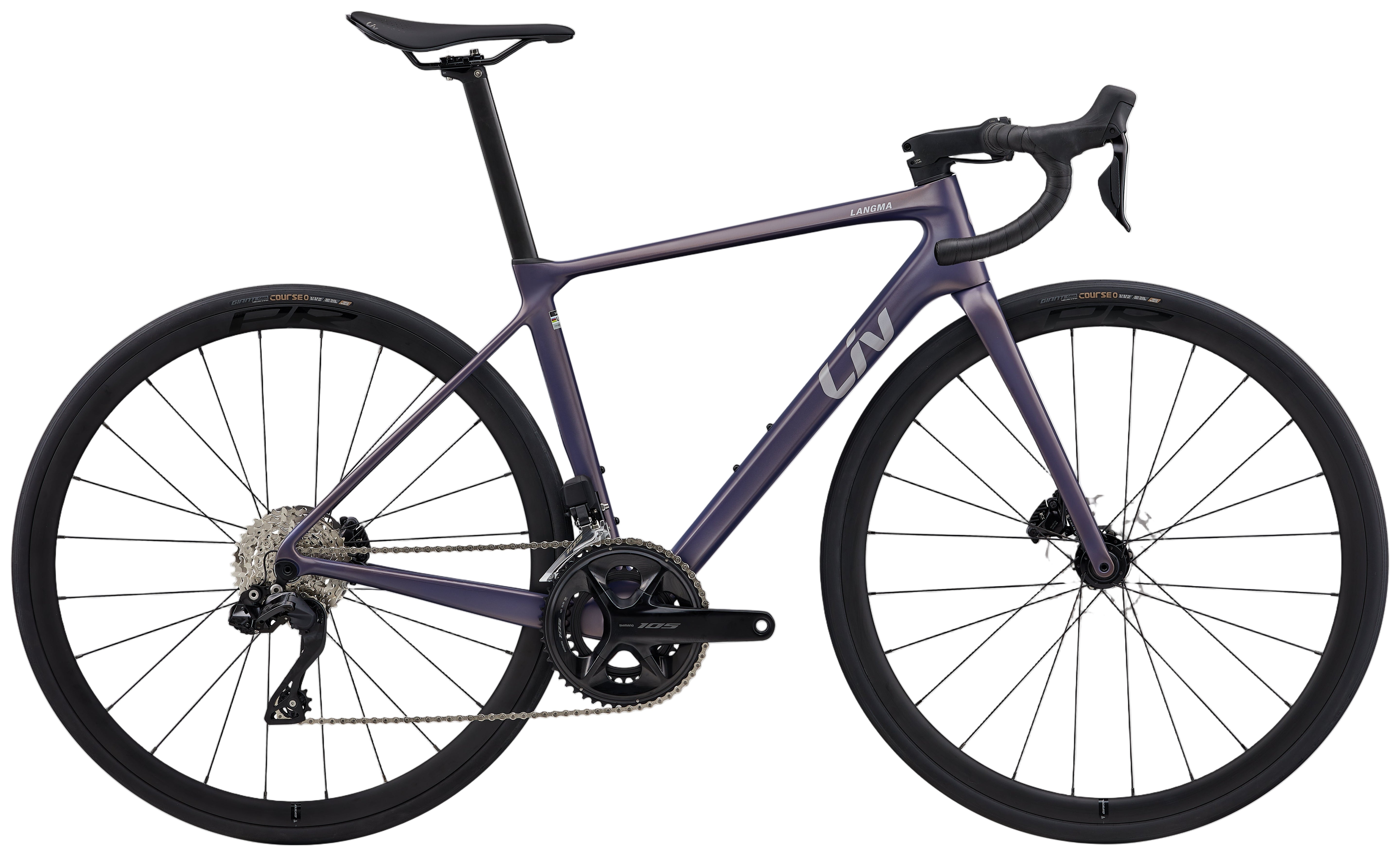 Liv Langma Advanced 1 road bike in Meteorite Mist, showing lightweight carbon frame and aerodynamic design.