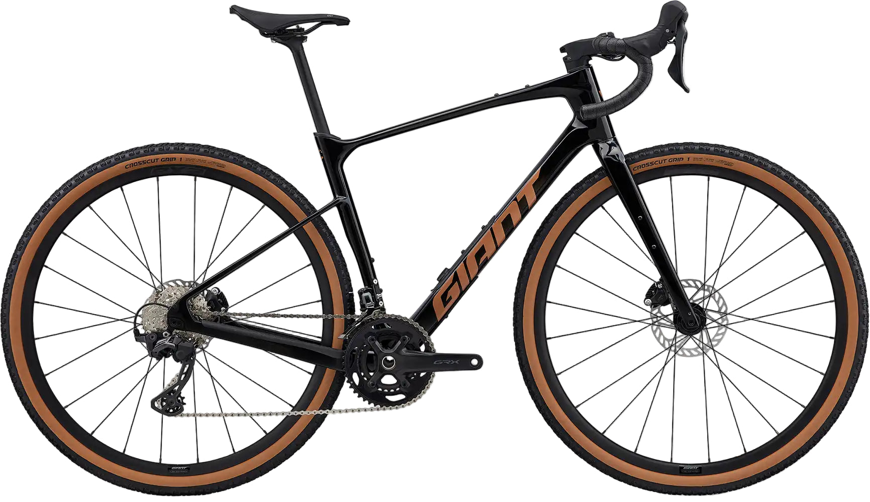 Giant Revolt Advanced 2 gravel bike with carbon frame in Smoke color, featuring drop handlebars and knobby tires for off-road cycling.