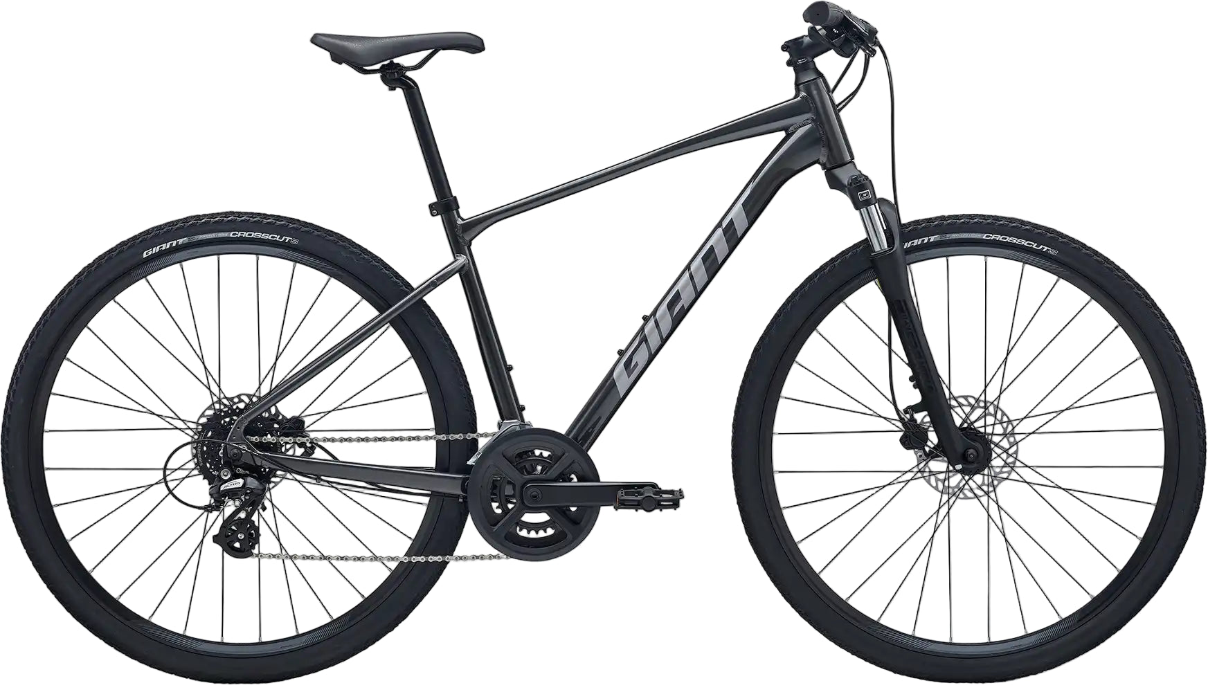 Giant Roam 4 hybrid bike in stealth chrome finish, with a sturdy frame, wide tires, and ergonomic handlebars for versatile riding.