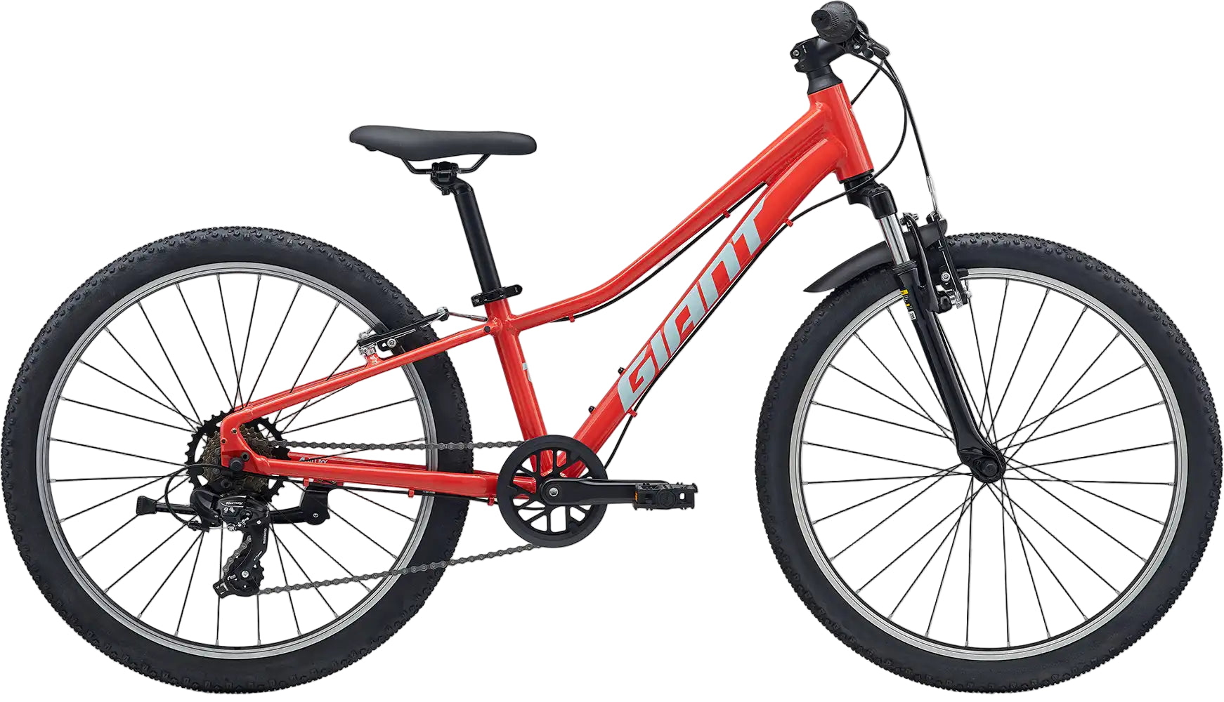 Giant Talon 24 kids' mountain bike with a vibrant Valencia color, featuring a sturdy frame and off-road tires.
