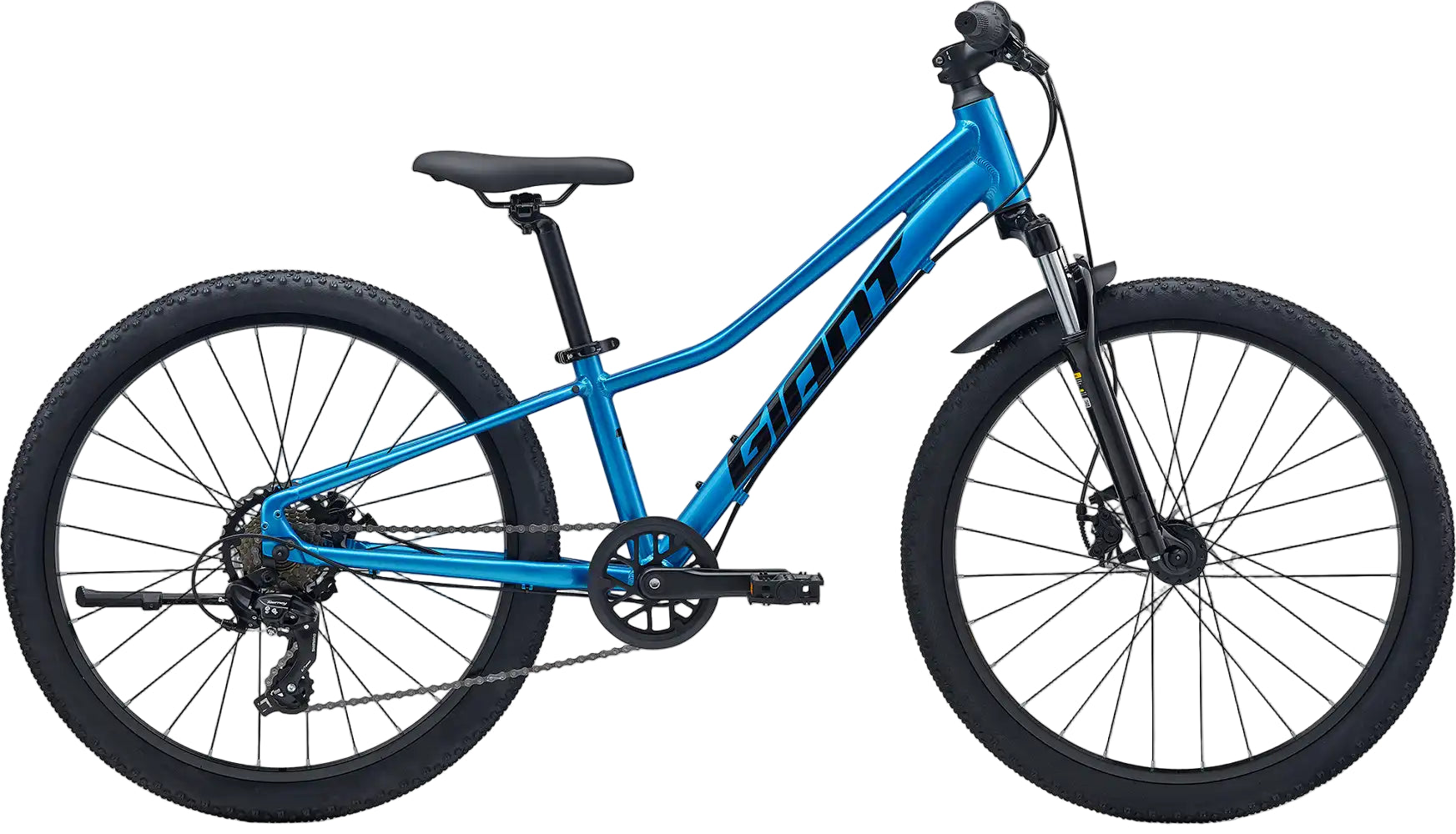 Giant Talon 24 Kids mountain bike with metallic blue frame, disc brakes, and rugged tires, ideal for young riders.