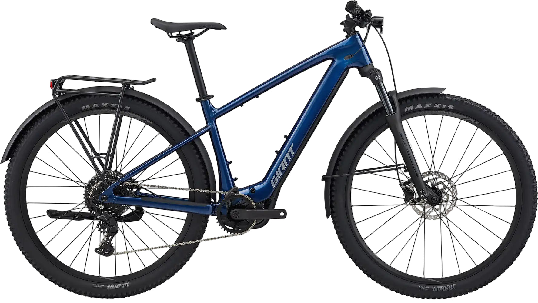 Giant 2026 Talon E+ EX electric mountain bike in metallic navy color, with front suspension and knobby tires for off-road riding.