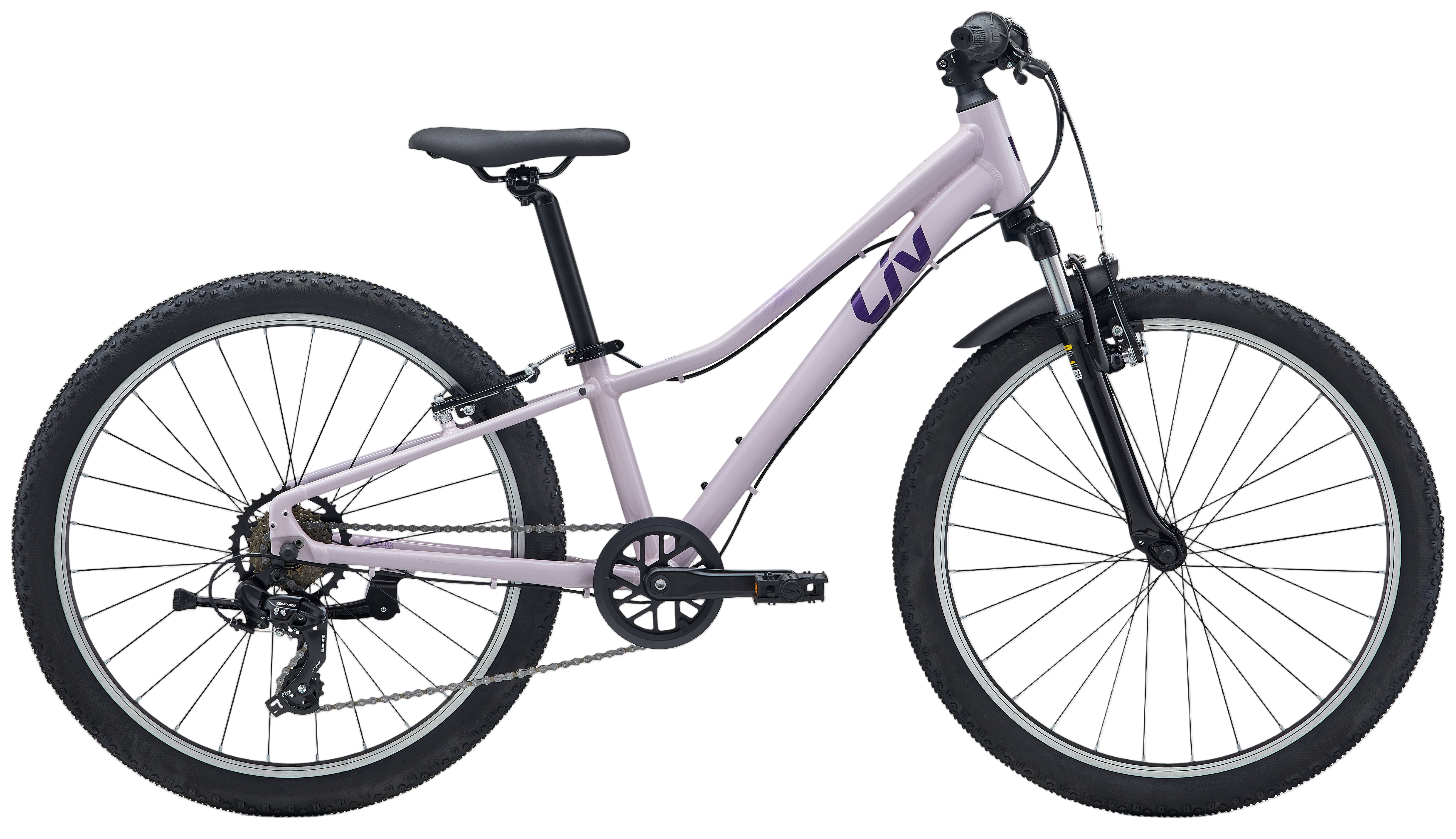 Liv Tempt 24 kids' bike in Misty Lilac with a lightweight frame, perfect for young riders learning to ride.