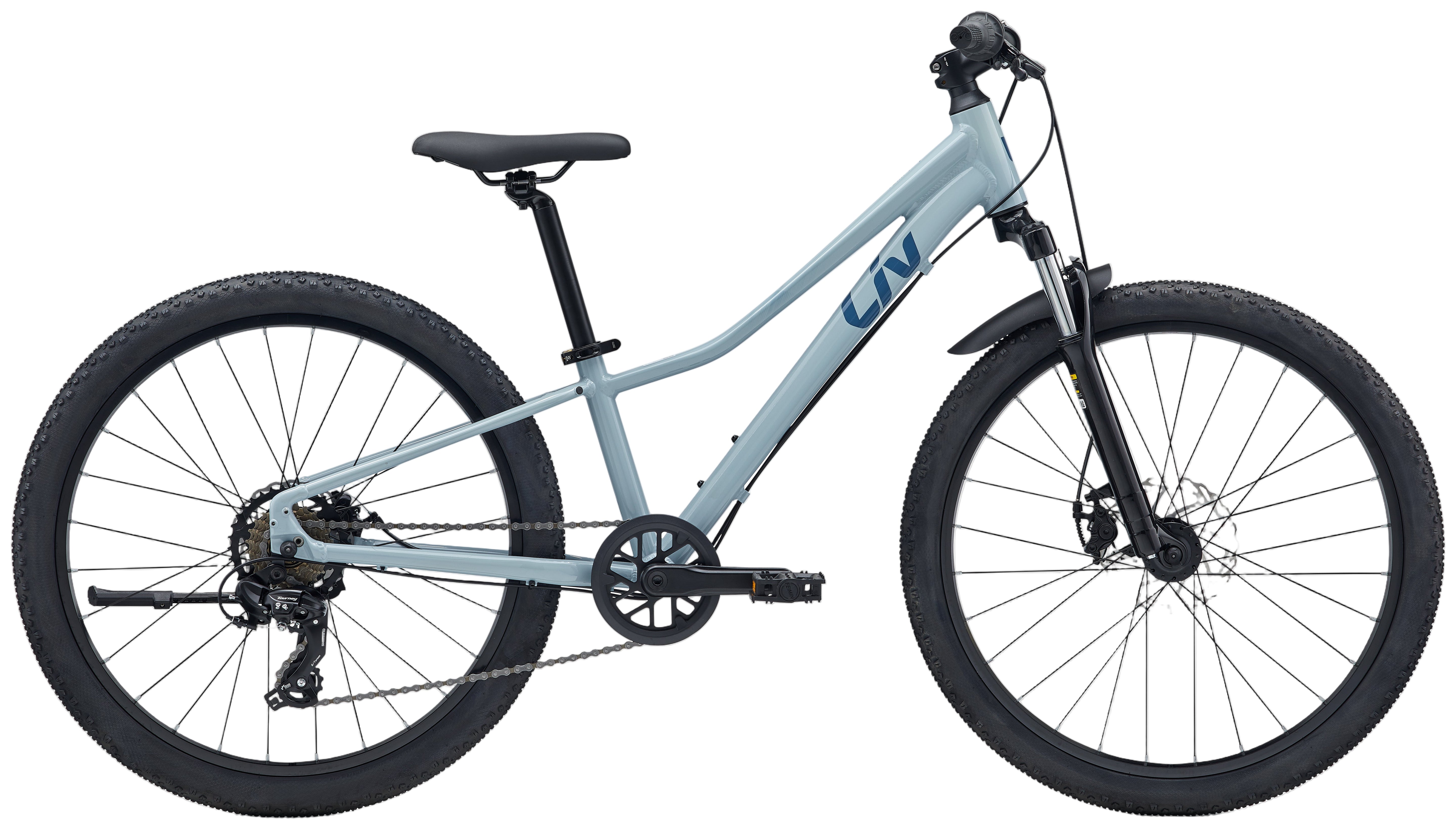 Kids' 2026 Liv Tempt 24 Disc bike in Dusty Blue featuring lightweight frame and disc brakes for young riders.
