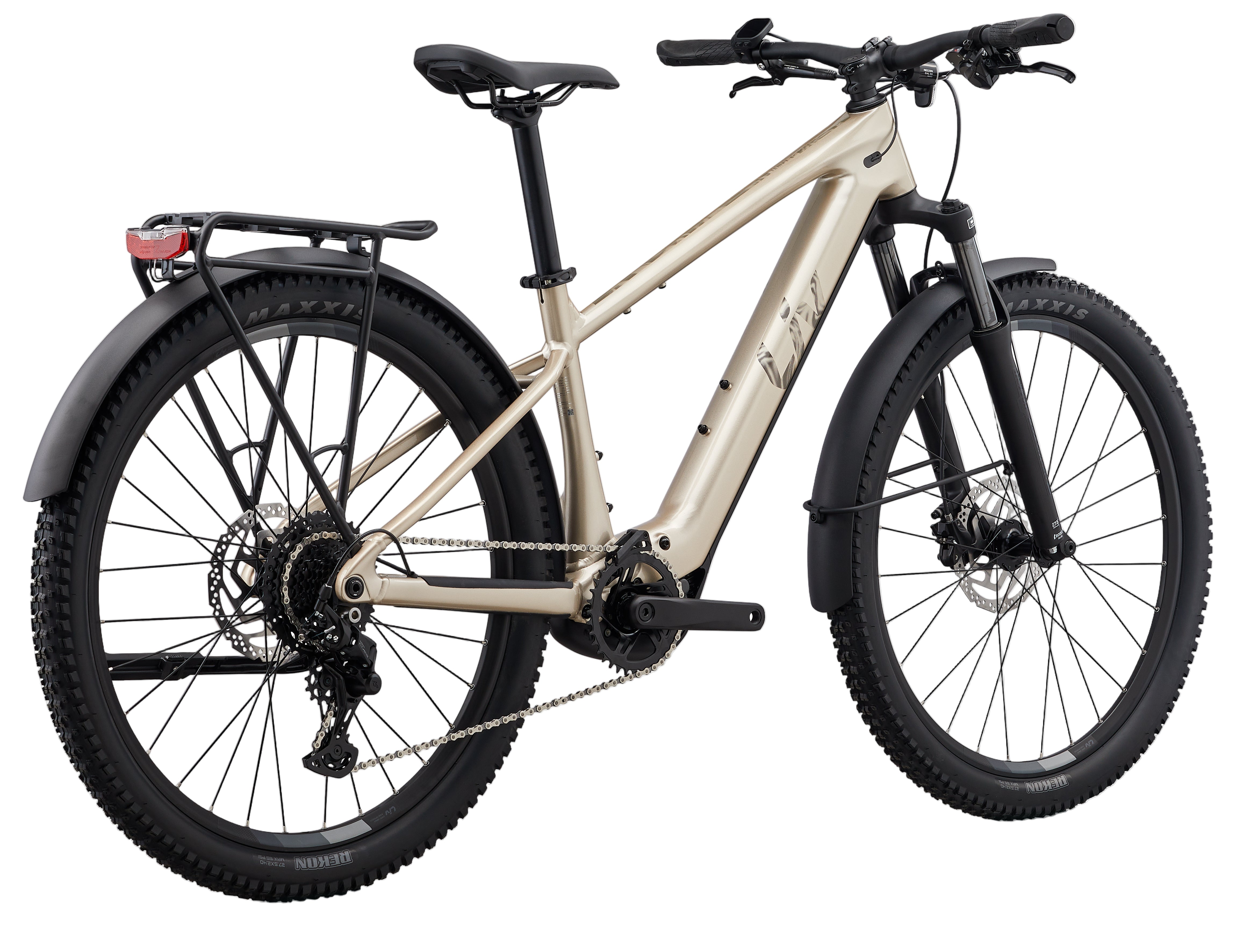 Rear view of Liv Tempt E+ EX e-bike in Sandshell color, showcasing the electric mountain bike's frame and rear wheel.