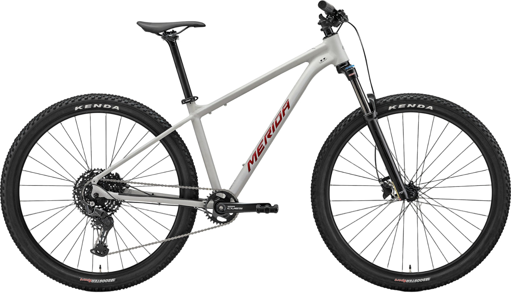 Merida Big Nine 200 hardtail bike in matte grey with glitter cherry accents, featuring a lightweight frame and off-road tires.
