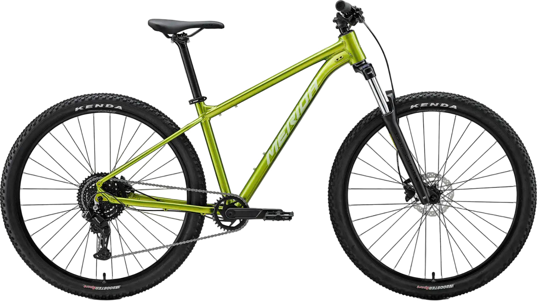 Merida Big Nine 20 hardtail mountain bike in fall green and silver, featuring lightweight frame and 29-inch tires for trail riding.