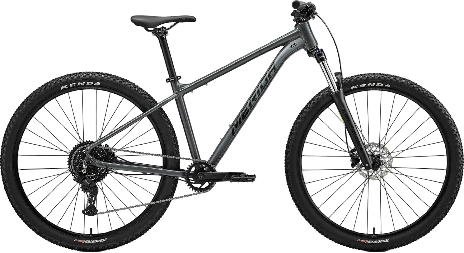 Dark grey and black Merida Big Nine 20 hardtail mountain bike with a sleek frame and front suspension.