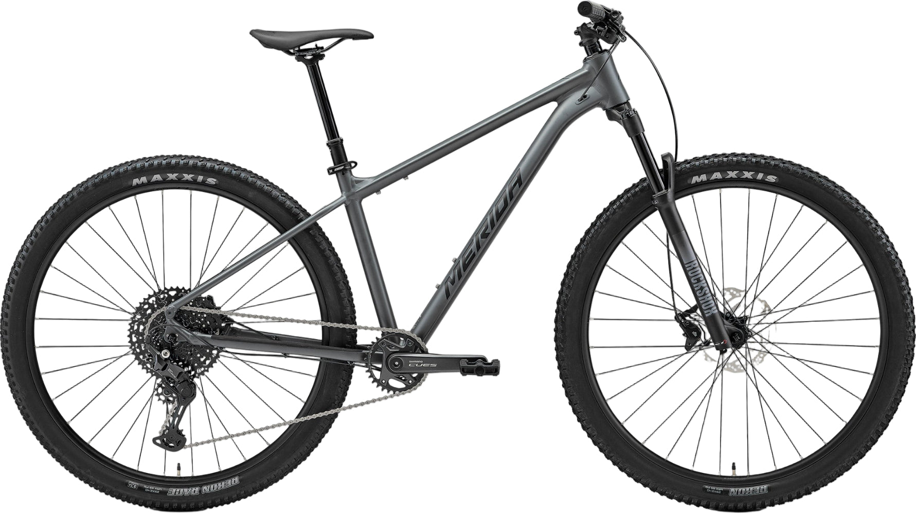 Dark grey and black Merida Big Nine 400 hardtail mountain bike with sleek frame and suspension fork.