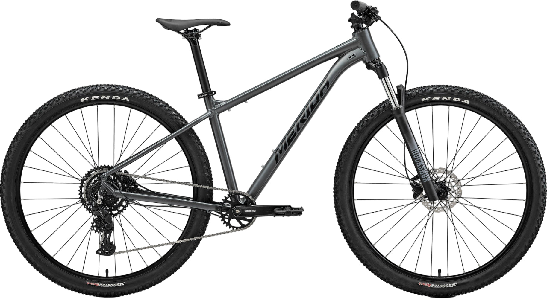 Dark grey and black Merida Big Nine 80 hardtail mountain bike with a sleek frame and front suspension.