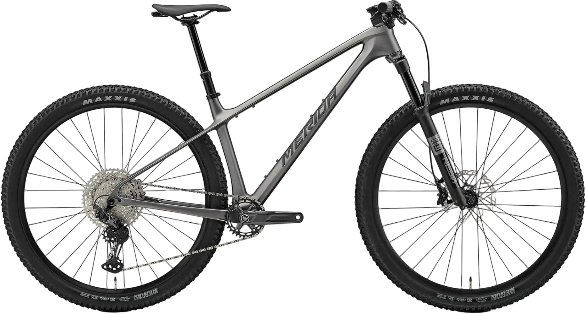 Silver and gunmetal grey Merida Big Nine TR 5000 hardtail mountain bike with black accents, featuring a sleek frame design.