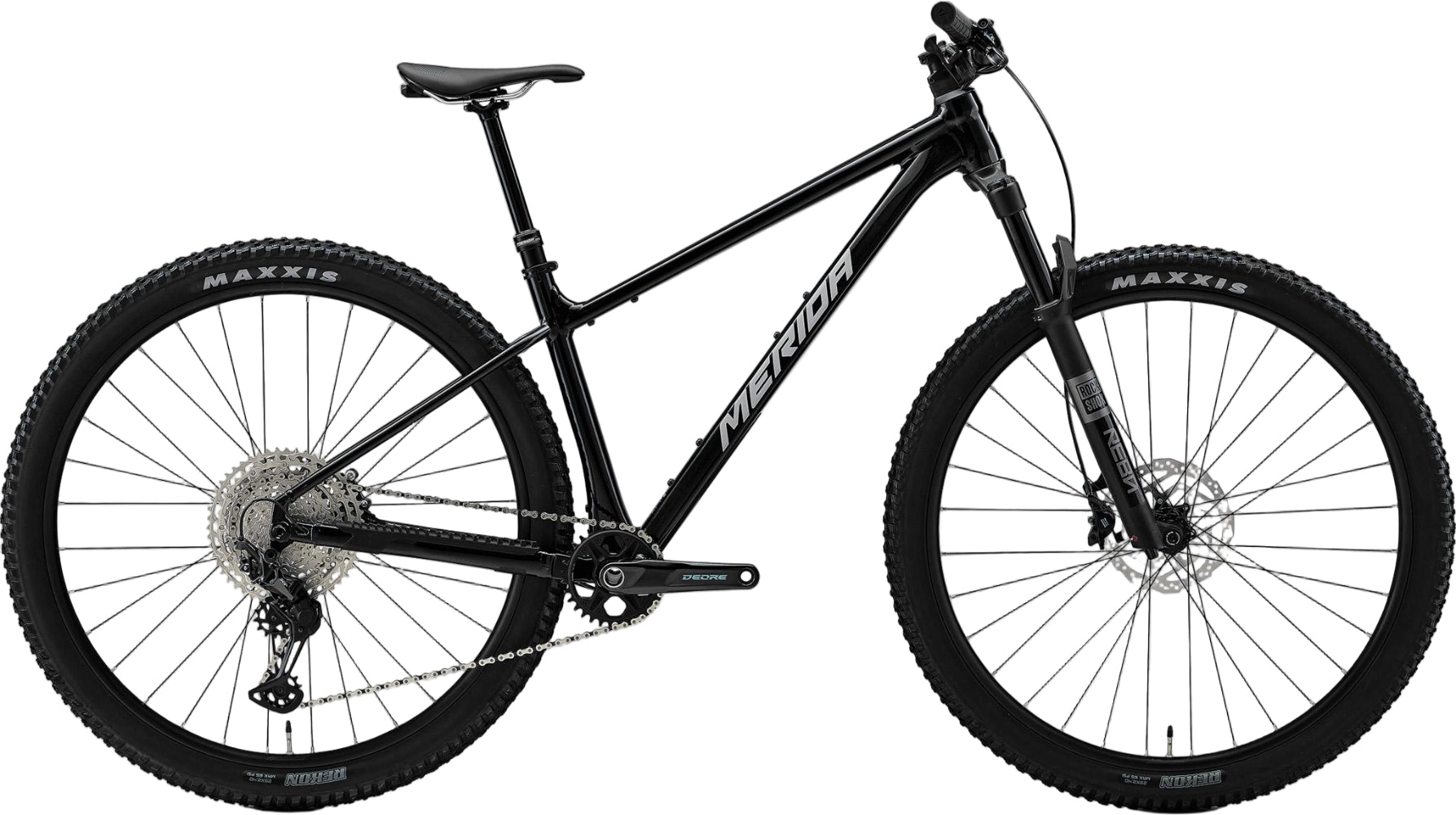Merida Big Nine TR Limited hardtail mountain bike in metallic black and silver with front suspension and knobby tires.