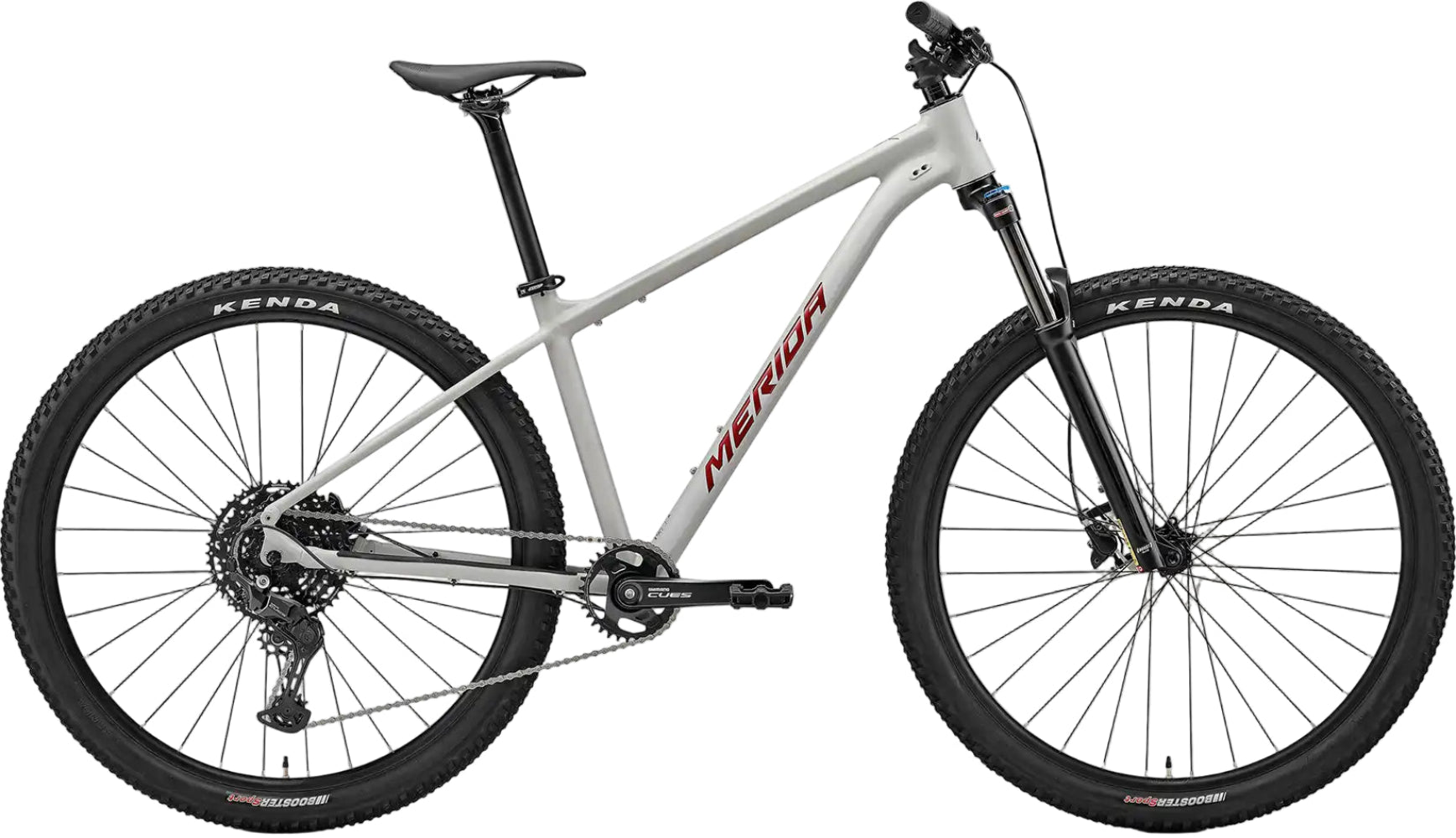 Merida Big Seven 200 hardtail bike in matte grey with glitter cherry accents, featuring a sturdy frame and mountain bike design.