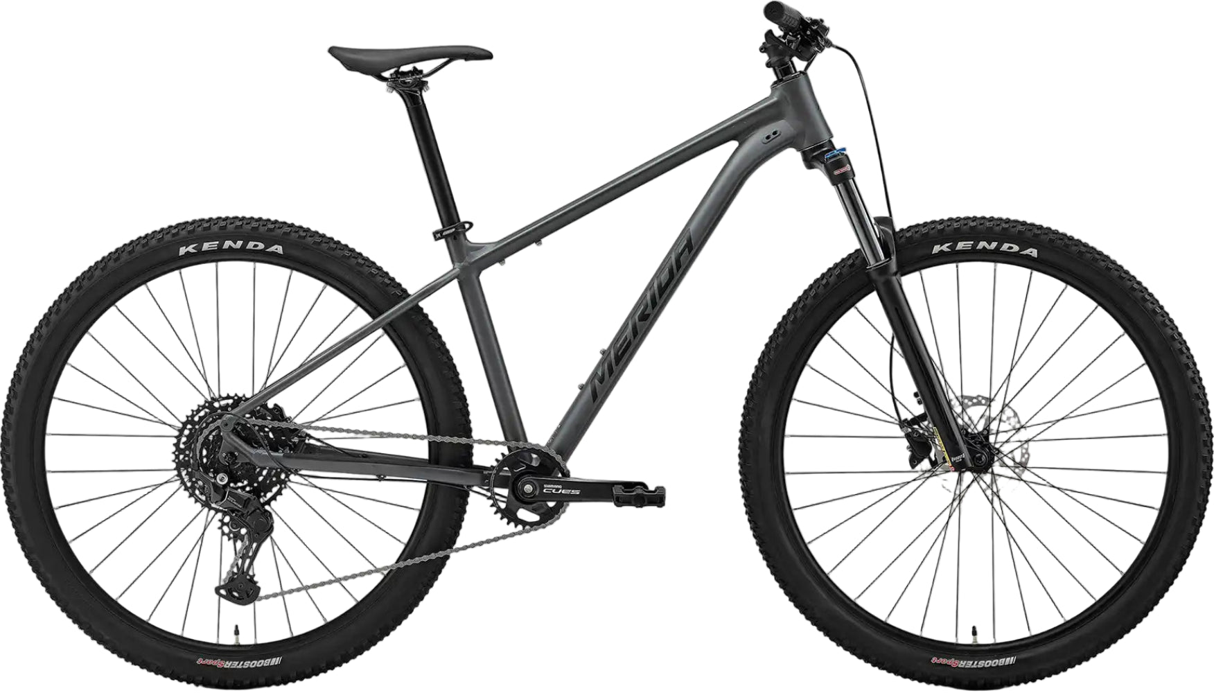 Dark grey and black Merida Big Seven 200 hardtail mountain bike with a sleek frame and durable tires.