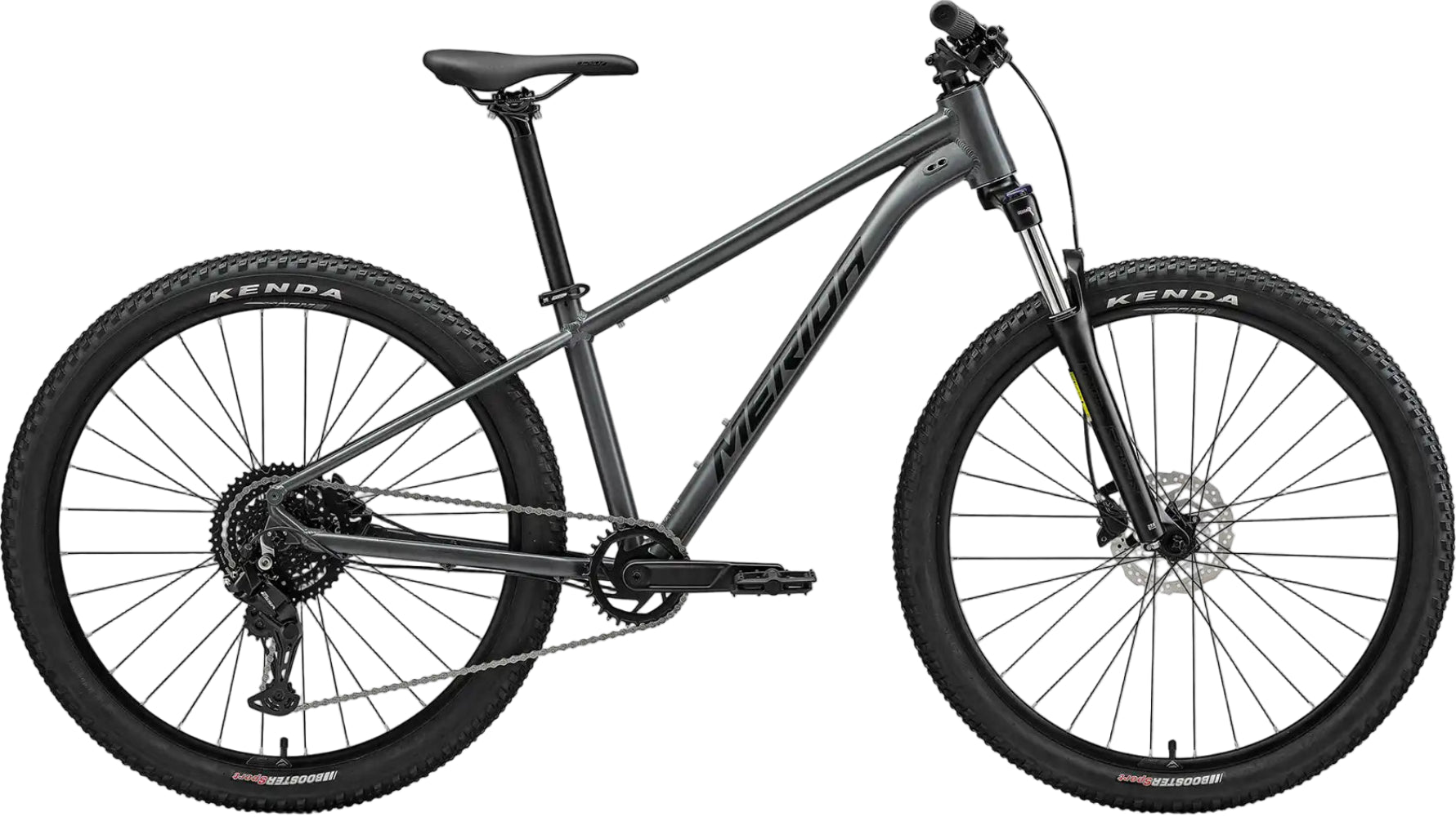 Dark grey and black Merida Big Seven 20 hardtail mountain bike with sleek frame and front suspension, ready for trail riding.