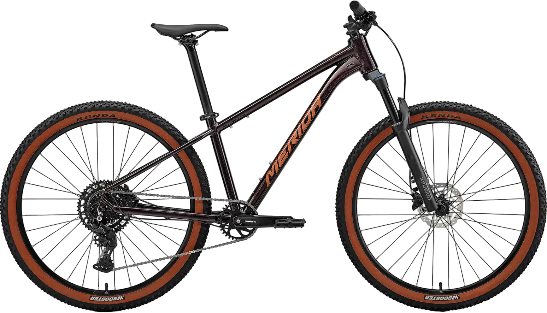 Merida Big Seven 40 hardtail mountain bike in metallic black and red, featuring a sleek frame and front suspension for off-road riding.