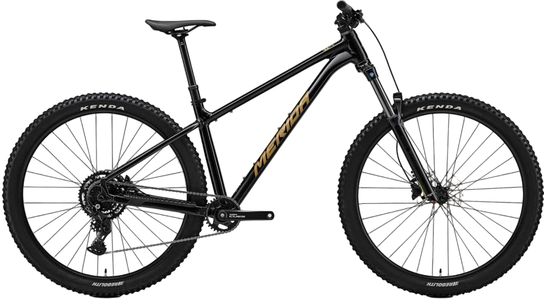 Black and brown Merida Big Trail 300 hardtail mountain bike, front view showing frame and suspension details.