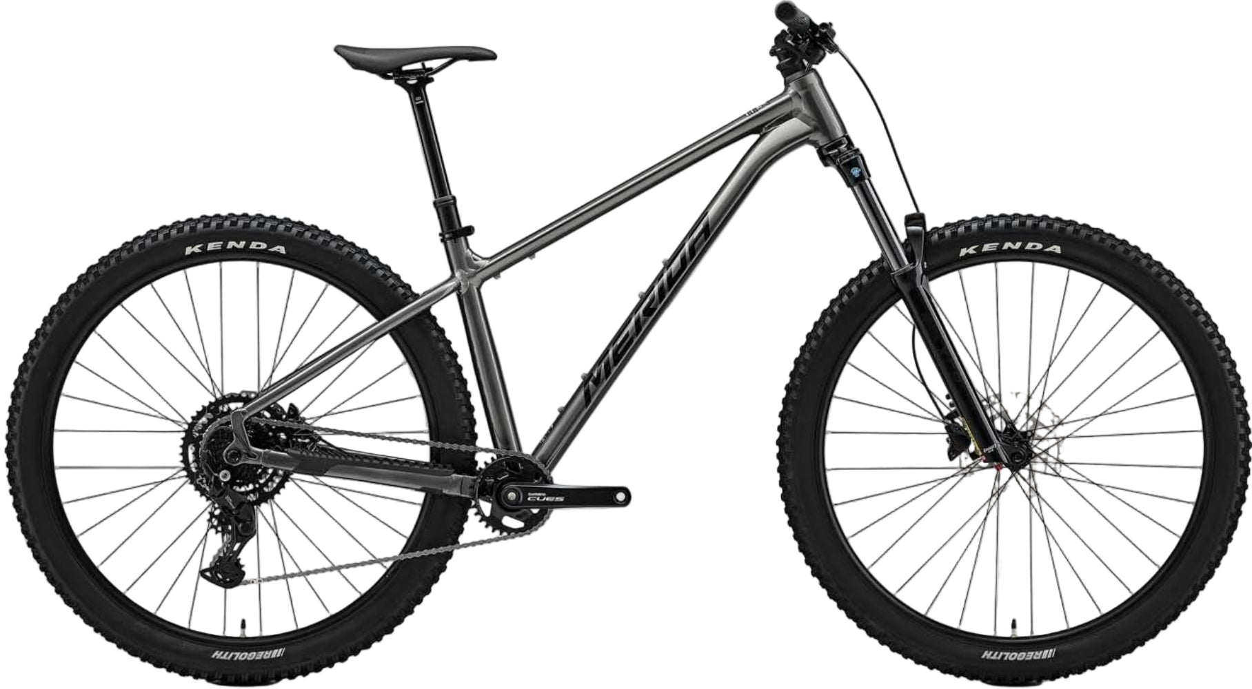 Merida Big Trail 300 hardtail mountain bike in gunmetal grey and black, featuring a sturdy frame and front suspension for off-road riding.