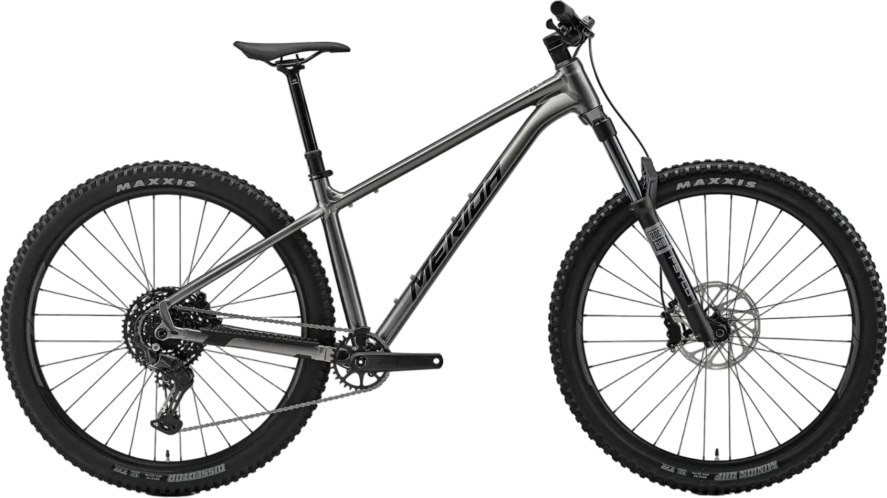 Merida Big Trail 500 hardtail mountain bike in gunmetal grey and black with front suspension and rugged tires.