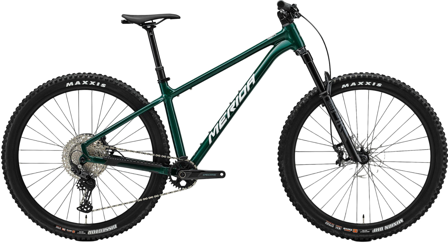 Merida Big Trail 600 hardtail mountain bike in deep forest green with white accents, front and side view.