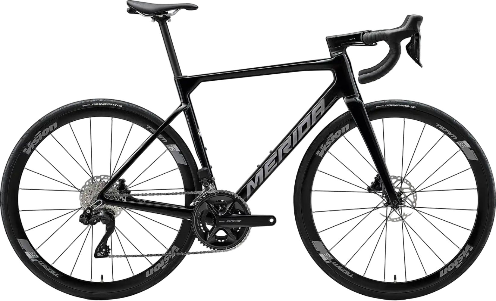 Merida 2026 Scultura 5000 road bike with metallic black and gunmetal grey frame, lightweight and aerodynamic for performance cycling.