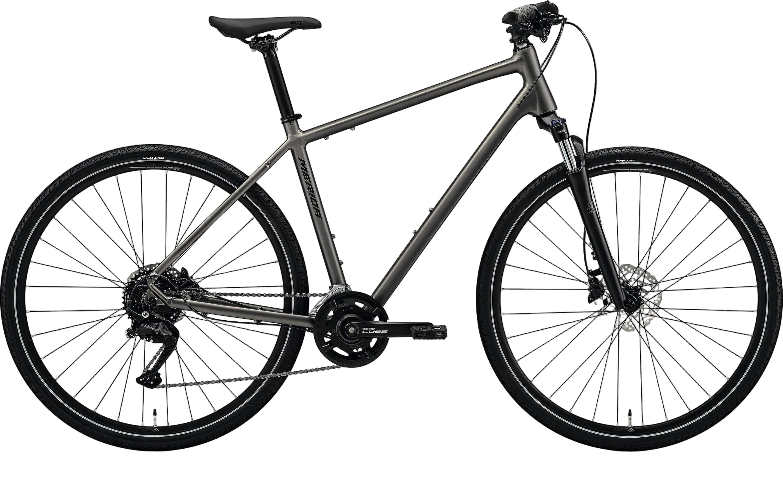 Merida Crossway 100 hybrid bike with silver, warm slate gray and black frame, featuring lightweight design and comfortable riding position.