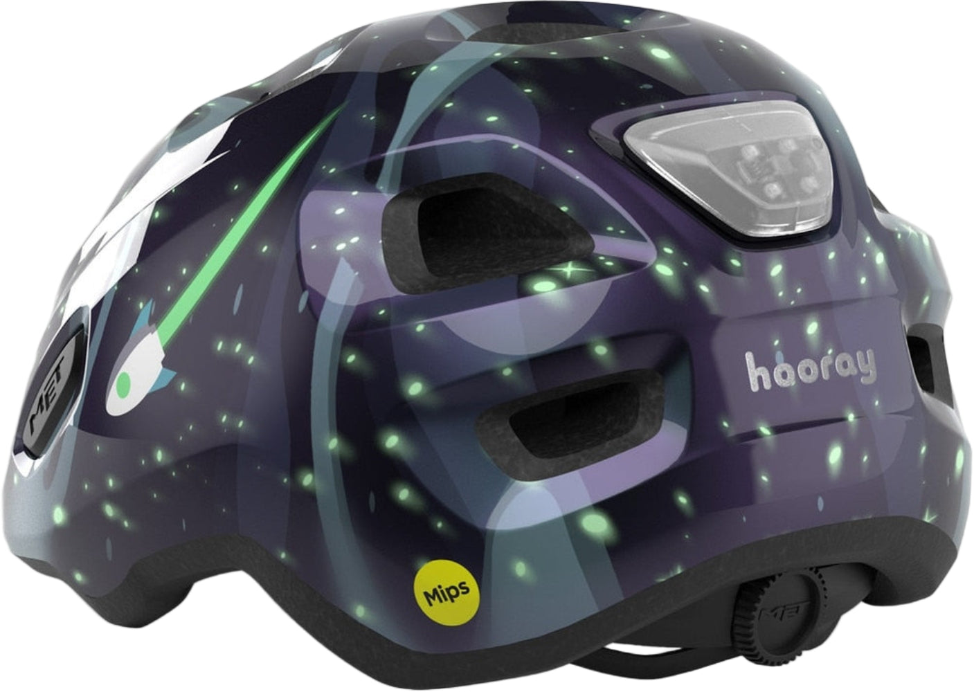Black MET Hooray MIPS kids helmet with space glow-in-the-dark design, featuring adjustable straps and ventilation.