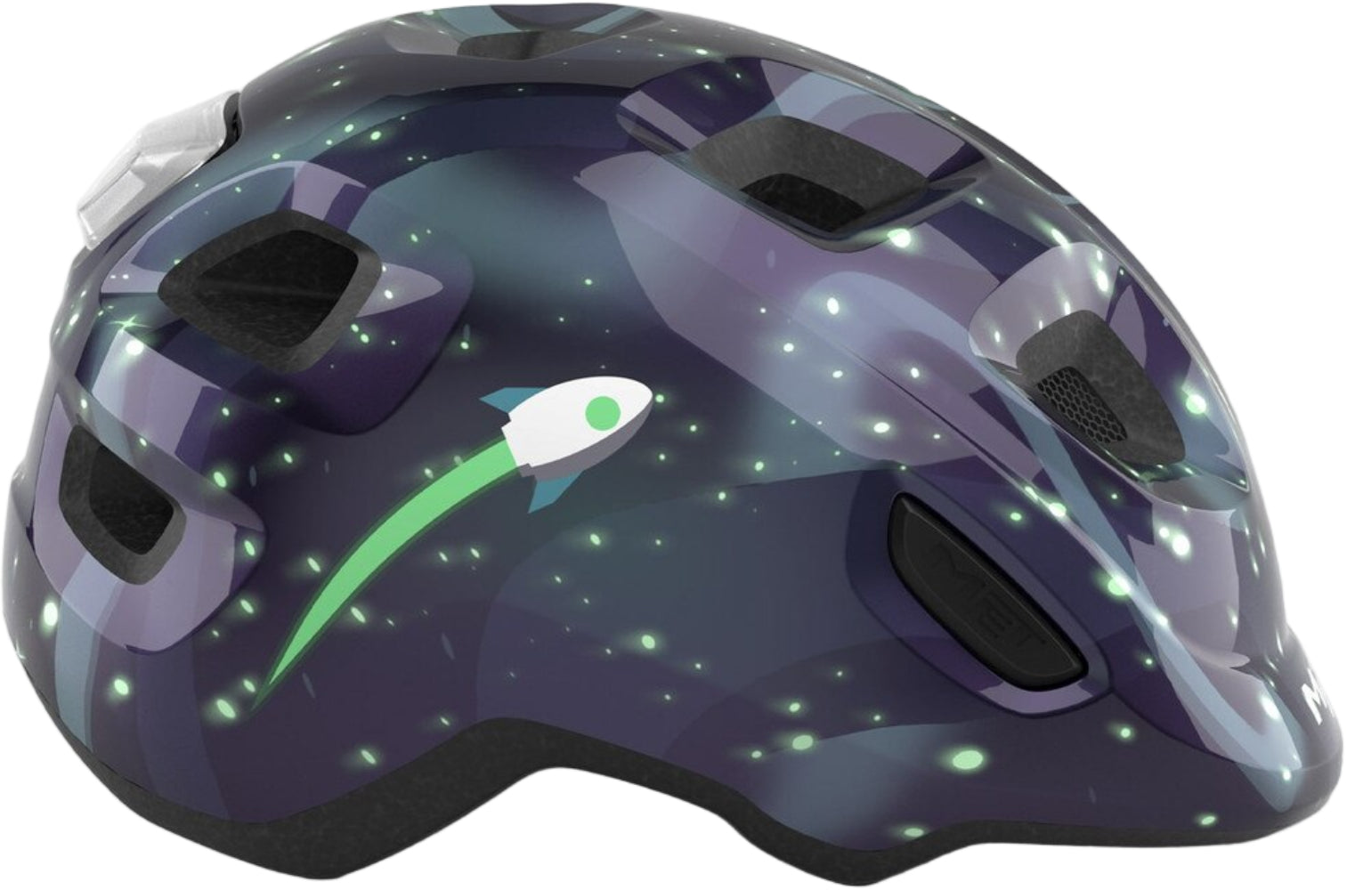 Black MET Hooray MIPS kids helmet with space glow-in-the-dark design, featuring adjustable straps and protective MIPS technology.