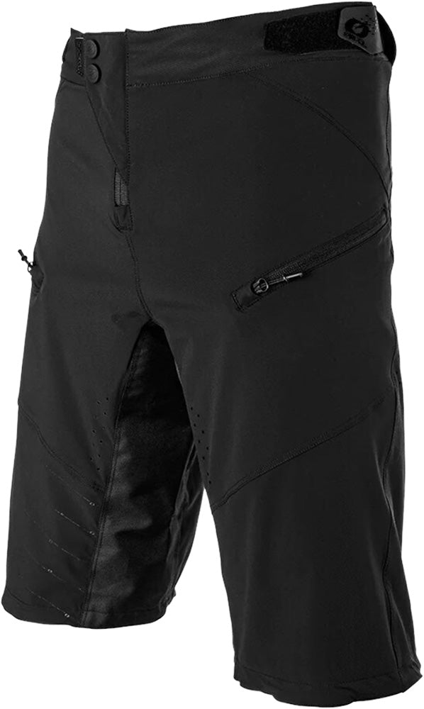 Men's Oneal Pin It MTB shorts in durable black fabric with logo accents, designed for mountain biking comfort and performance.