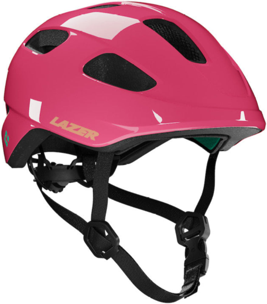 Lazer Nutz KinetiCore kids helmet in fuchsia, showing the aerodynamic design and ventilation openings from an angled view.