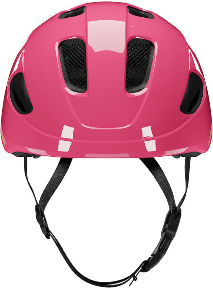 Lazer Nutz KinetiCore kids helmet in fuchsia, front view showing adjustable straps and ventilation for safety and comfort.