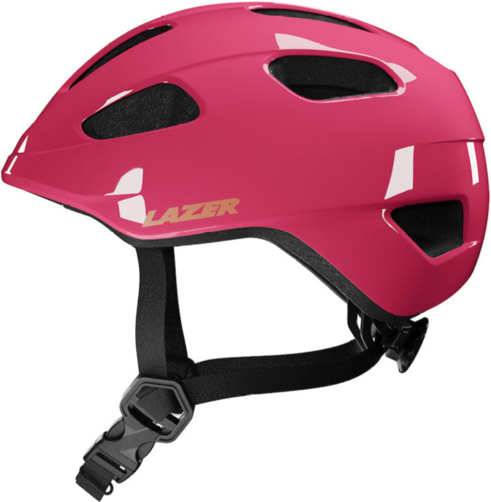 Fuchsia Lazer Nutz KinetiCore kids helmet with adjustable straps and ventilation, positioned on a white background.