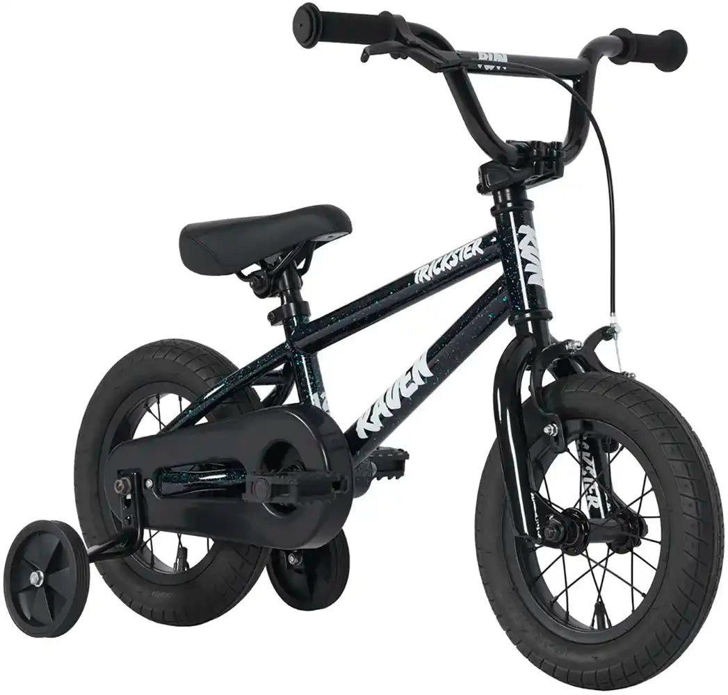 Raven Trickster 12 BMX bike with black frame and colorful handlebar grips, designed for young riders and beginner BMX enthusiasts.