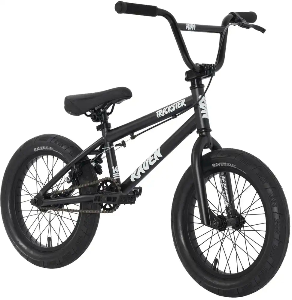 Raven Trickster 16 BMX bike with black frame and colorful accents, designed for kids and young riders.
