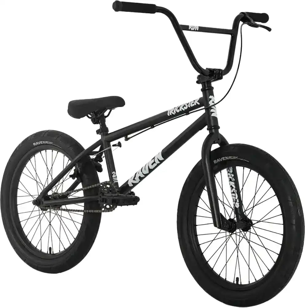 Raven Trickster 20 BMX bike with black frame, sturdy tires, and modern design, ideal for BMX riding and tricks.