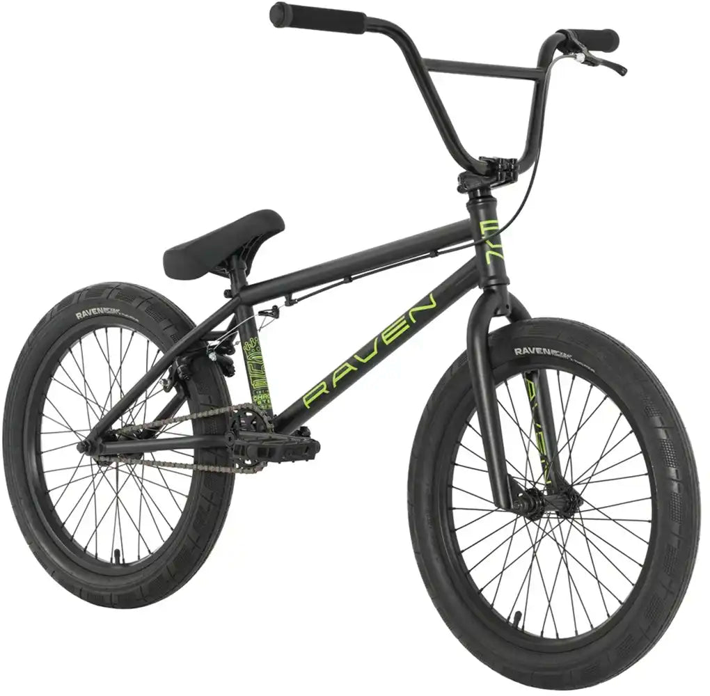 Raven 2026 Raven LC 20 BMX bike with black frame and colorful handlebar grips, suitable for young riders and BMX enthusiasts.
