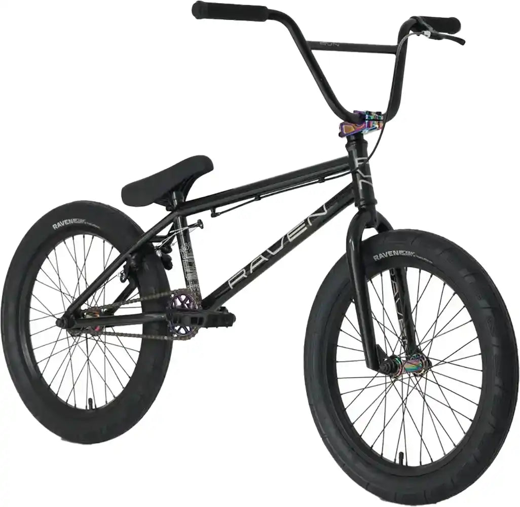 Black Raven BMX bike model 2026 Raven LC 20 with sleek frame and knobby tires, designed for BMX riding and stunts.