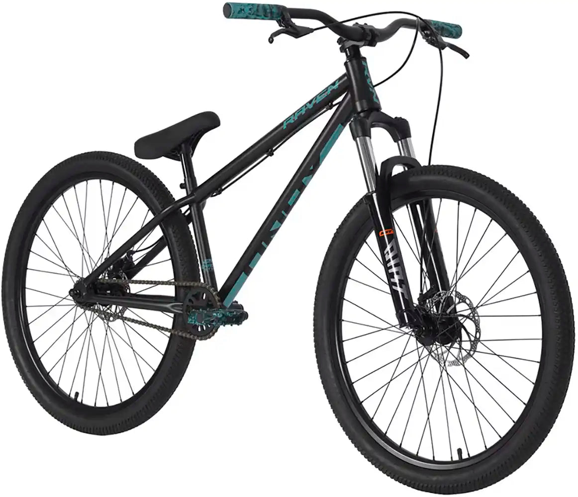 Dark black Raven Dirt Jump Bike model 2026 Raven Onyx with sleek frame and rugged tires, designed for off-road biking adventures.
