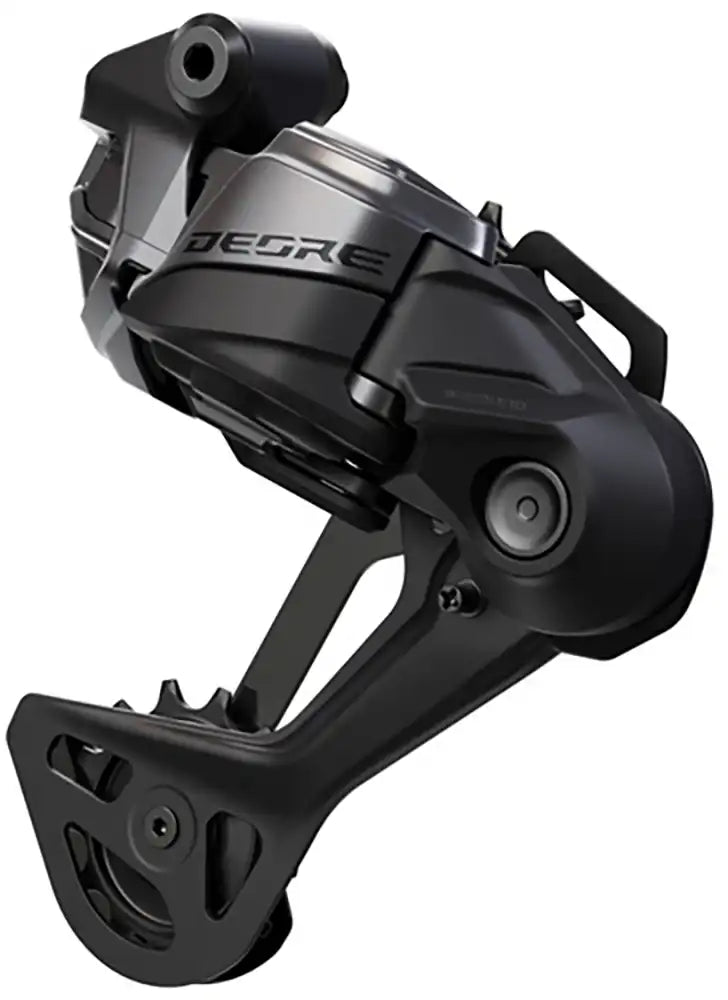 Shimano Deore Di2 M6250 12-speed rear derailleur for bike, showing the sleek black Shimano parts with gear adjustment screws.