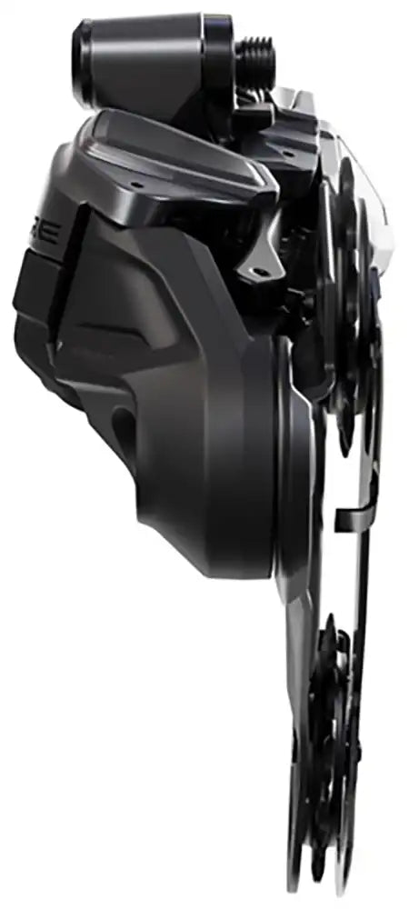 Shimano Deore Di2 M6250 12-speed rear derailleur for mountain bikes, showing the sleek black component with branding and mounting hardware.